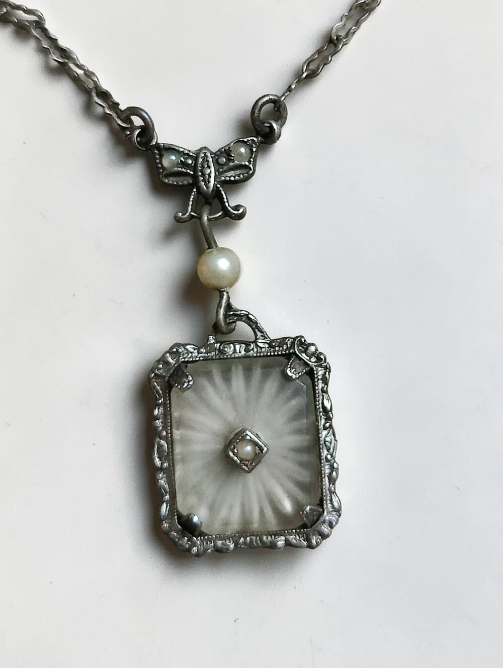 Vintage Sterling Art Deco Camphor Glass Necklace - Picture 6 of 7